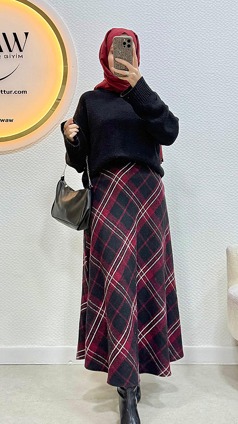 Cepli Ekose Etek - Waw Tesettür