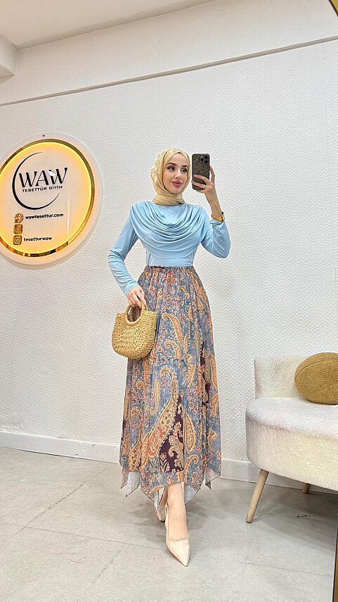 Desenli Etekli Takım - Waw Tesettür