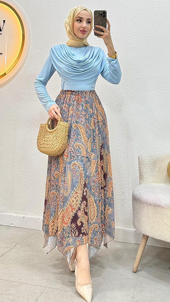 Desenli Etekli Takım - Waw Tesettür