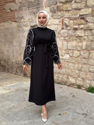 Fırsat Ürünü - Cemre Elbise - Kol Desen Farkı - İp Çekme - Waw Tesettür