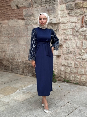 Fırsat Ürünü - Cemre Elbise - Kol Desen Farkı - İp Çekme - 4