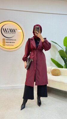 Fırsat Ürünü - Umay Trençkot - Kemersiz Bordo