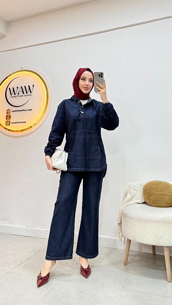 1 AL 1 BEDAVA - Kapüşonlu Kot Takım  - 3