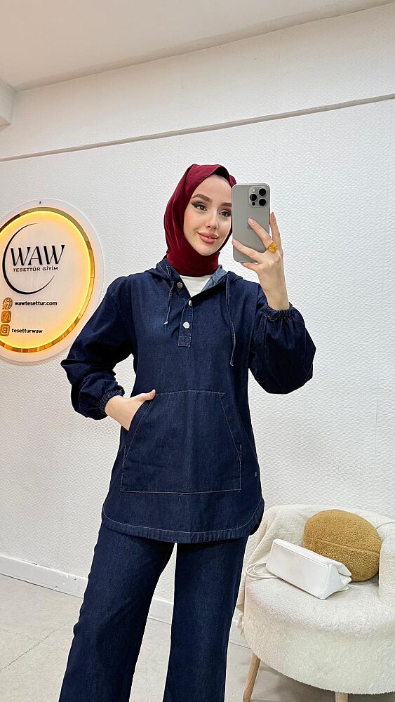 1 AL 1 BEDAVA - Kapüşonlu Kot Takım  - 4