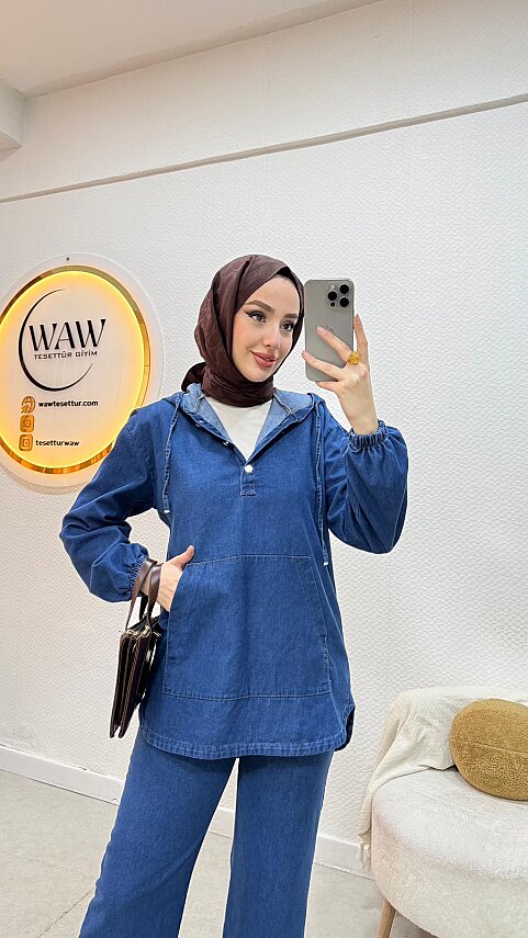 1 AL 1 BEDAVA - Kapüşonlu Kot Takım  - 5