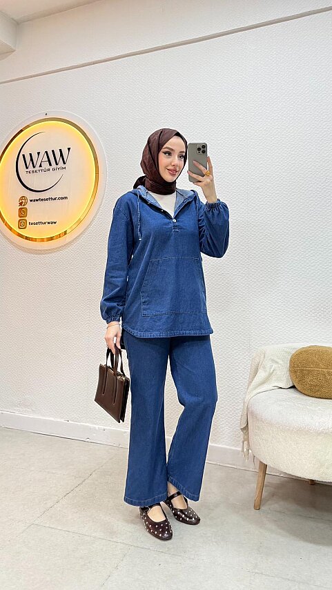 1 AL 1 BEDAVA - Kapüşonlu Kot Takım  - 6