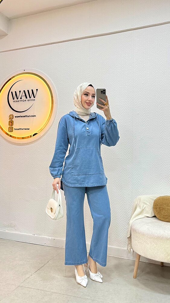 1 AL 1 BEDAVA - Kapüşonlu Kot Takım  - 2