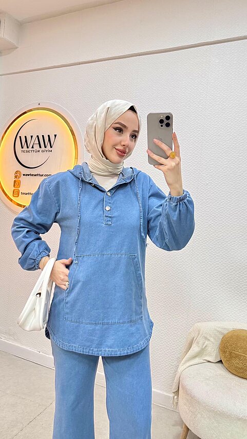 1 AL 1 BEDAVA - Kapüşonlu Kot Takım  - 7