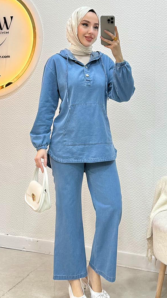 1 AL 1 BEDAVA - Kapüşonlu Kot Takım  - 1