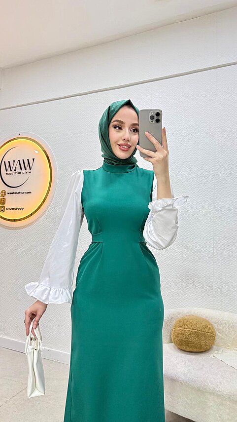 Kolları Volanlı Elbise - 7