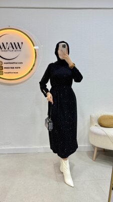 Omuzu Düğmeli Taşlı Elbise - 5