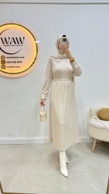 Omuzu Düğmeli Taşlı Elbise - 7