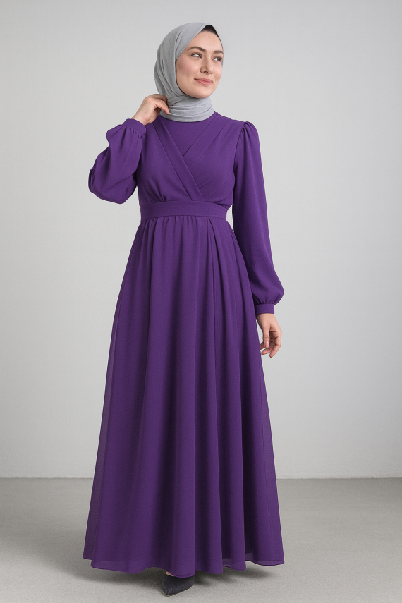 Önü Çapraz Şifon Elbise - Şal Hediyeli - 2