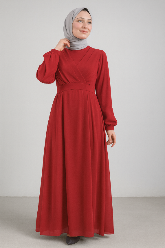 Önü Çapraz Şifon Elbise - Şal Hediyeli - 3