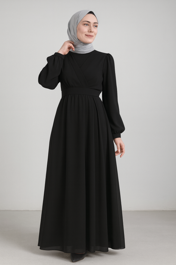 Önü Çapraz Şifon Elbise - Şal Hediyeli - 5