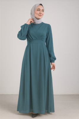 Önü Çapraz Şifon Elbise - Şal Hediyeli - 6