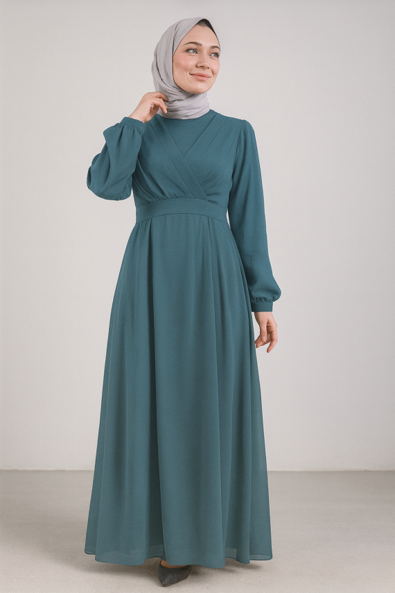 Önü Çapraz Şifon Elbise - Şal Hediyeli - 6