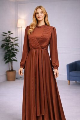 Önü Drapeli Elbise - Şal Hediyeli Kahverengi