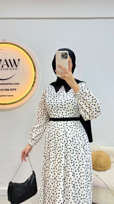 Puantiyeli Bebe Yaka Elbise - 3